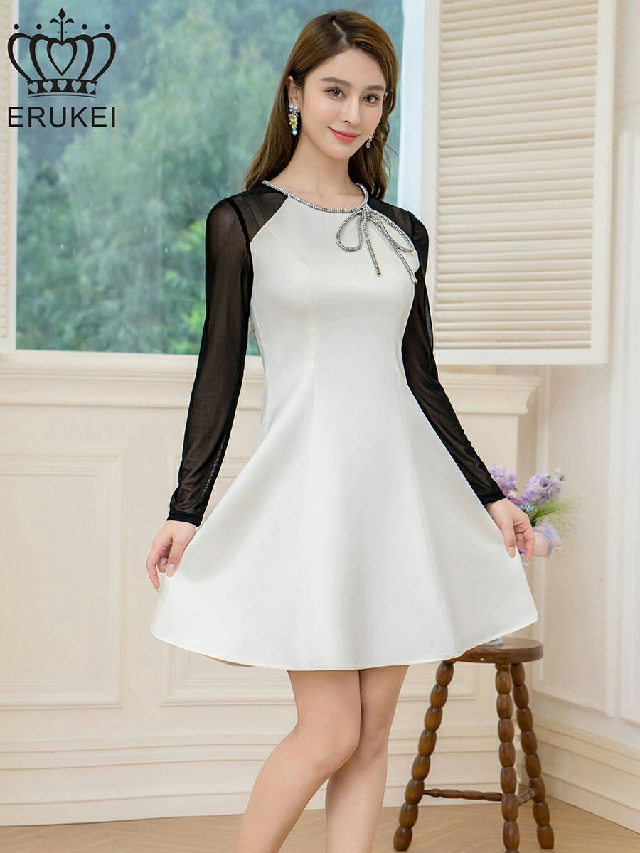 ERUKEI エルケイ ホワイト×ブラック サテン・チュールネット・ラインストーン・長袖・Aライン・ミニドレス・ワンピース ek-e25036
