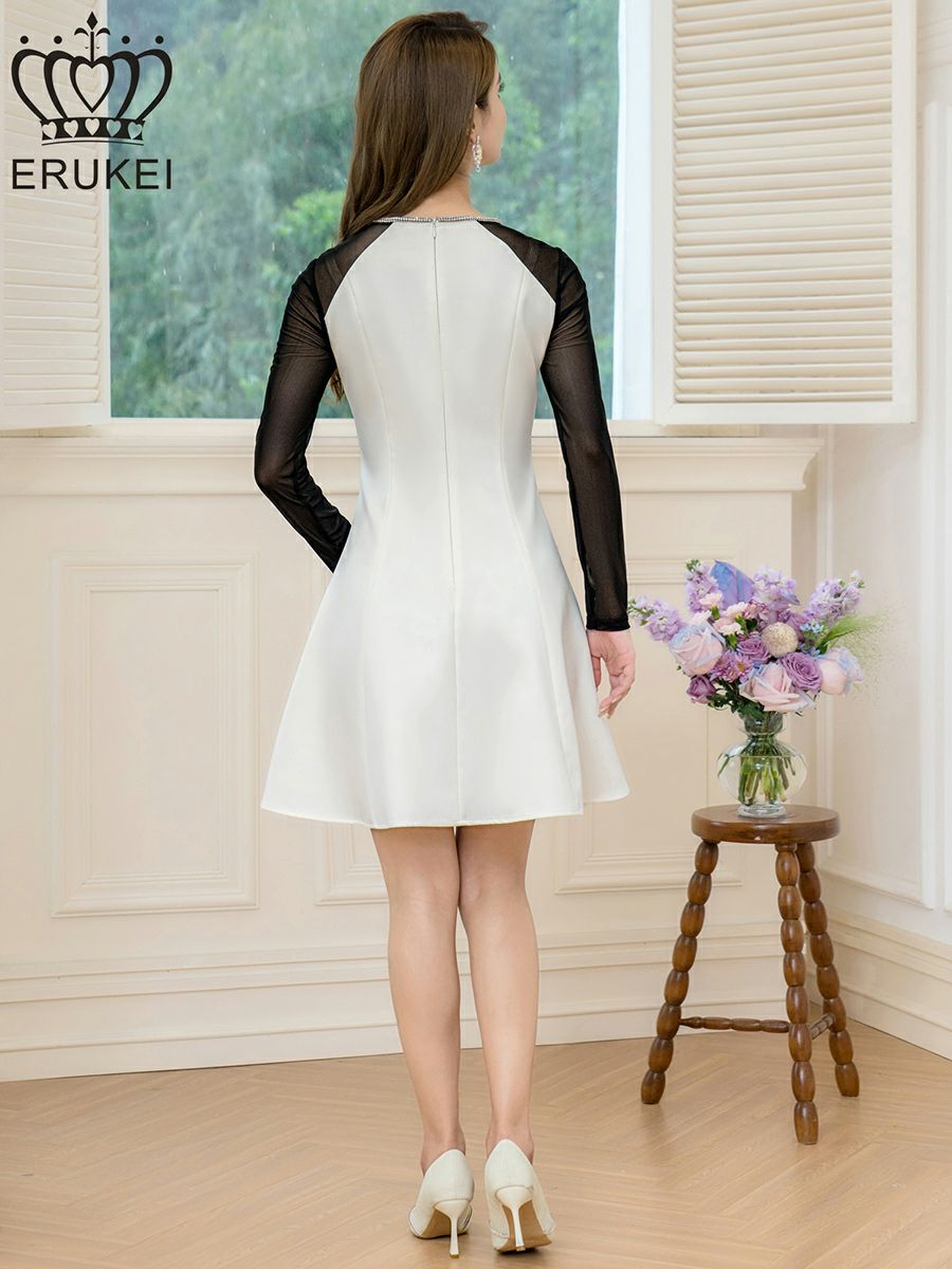 ERUKEI エルケイ ホワイト×ブラック サテン・チュールネット・ラインストーン・長袖・Aライン・ミニドレス・ワンピース ek-e25036