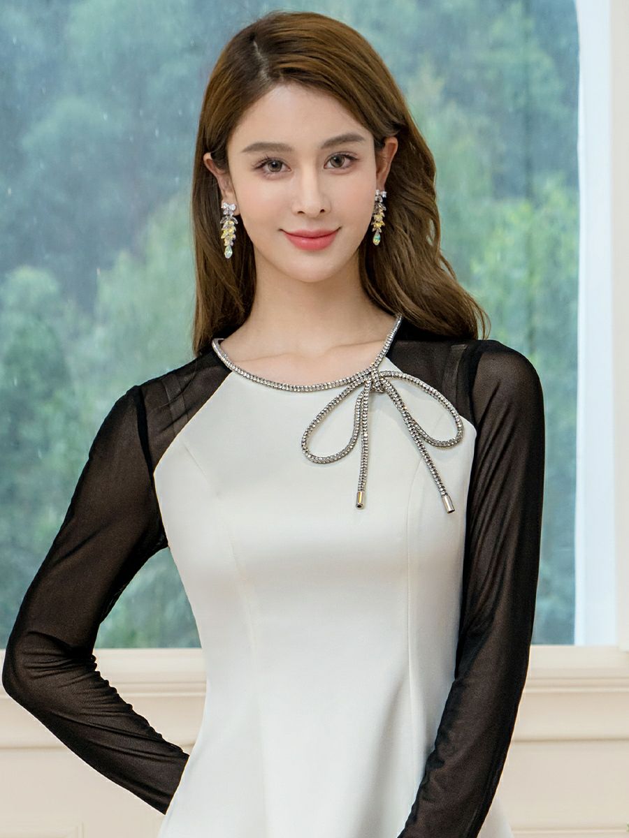 ERUKEI エルケイ ホワイト×ブラック サテン・チュールネット・ラインストーン・長袖・Aライン・ミニドレス・ワンピース ek-e25036