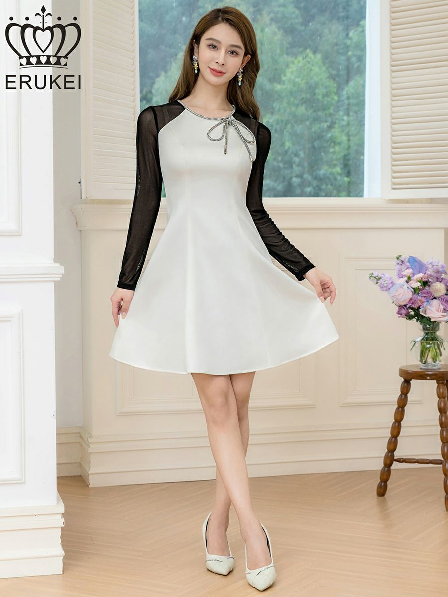 ERUKEI エルケイ ホワイト×ブラック サテン・チュールネット・ラインストーン・長袖・Aライン・ミニドレス・ワンピース ek-e25036