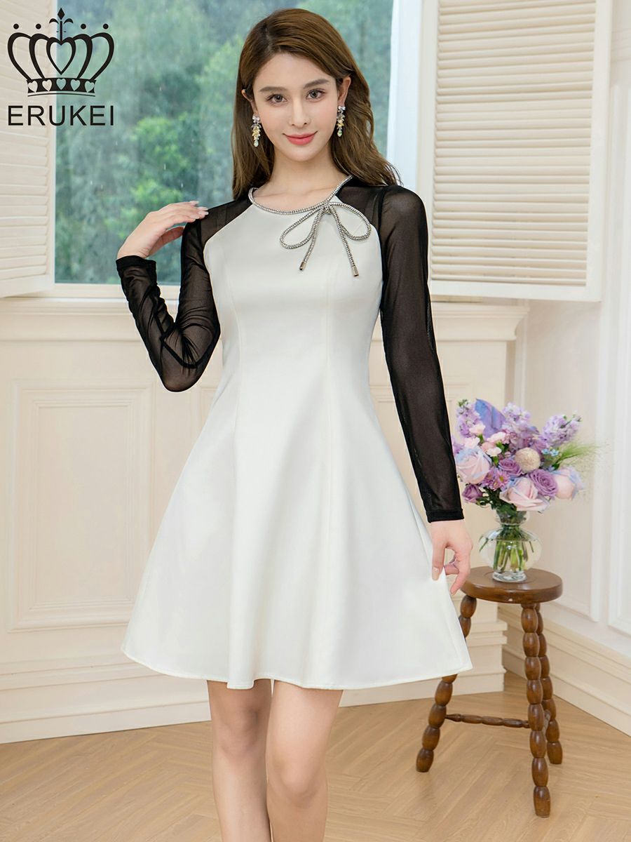 ERUKEI エルケイ ホワイト×ブラック サテン・チュールネット・ラインストーン・長袖・Aライン・ミニドレス・ワンピース ek-e25036