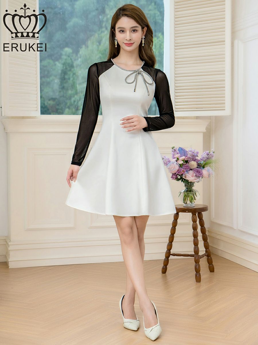 ERUKEI エルケイ ホワイト×ブラック サテン・チュールネット・ラインストーン・長袖・Aライン・ミニドレス・ワンピース ek-e25036