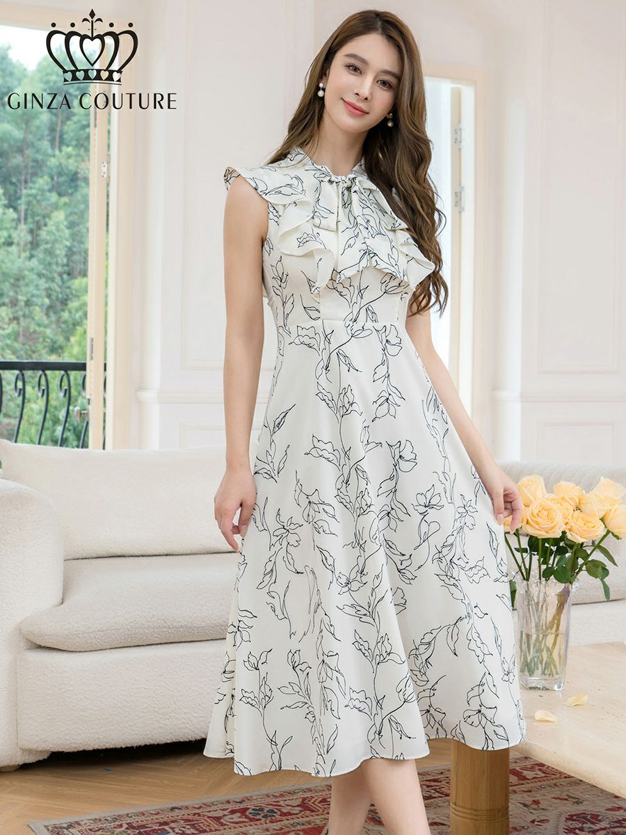 ERUKEI エルケイ ホワイト×ブラック ノースリーブ・Aライン・ハイウエスト・ミディアムドレス・ワンピース ek-c25042