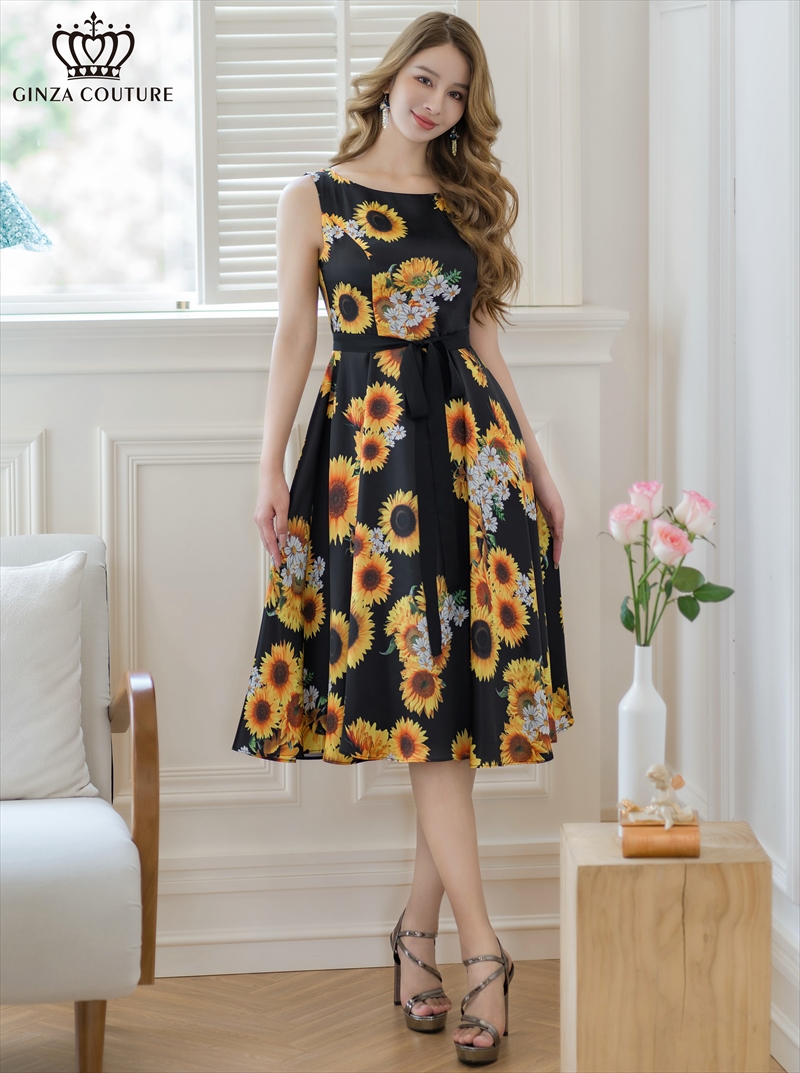 ERUKEI エルケイ ブラック×イエロー プリント・花柄・ひまわり・ノースリーブ・Aライン・ミディアムドレス・ワンピース ek-c24019