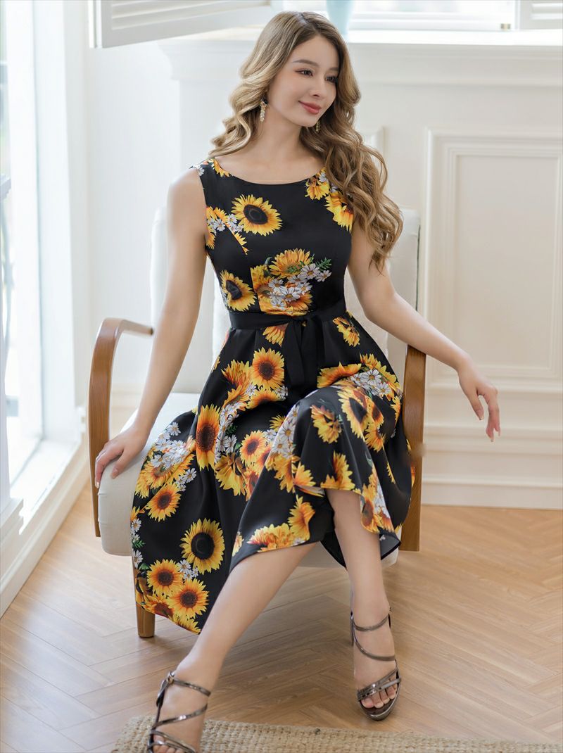 ERUKEI エルケイ ブラック×イエロー プリント・花柄・ひまわり・ノースリーブ・Aライン・ミディアムドレス・ワンピース ek-c24019