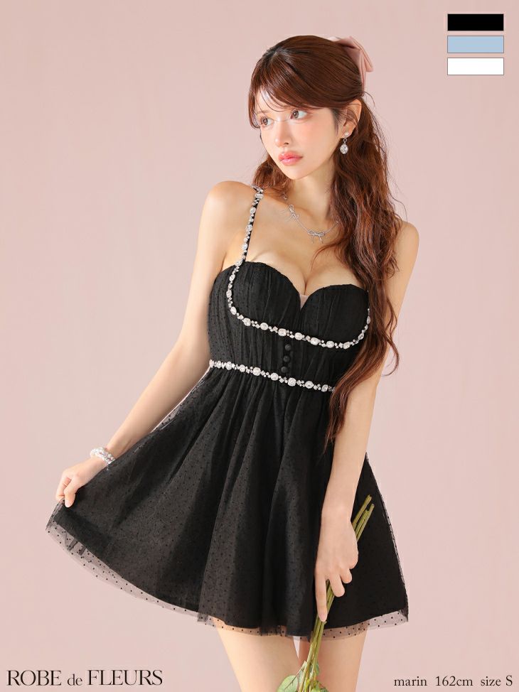 ROBE de FLEURS ローブドフルール ドットチュールビジューフレアミニキャバドレス fm3297