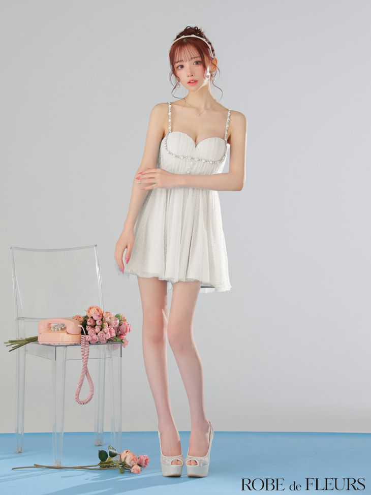 ROBE de FLEURS ローブドフルール ドットチュールビジューフレアミニキャバドレス fm3297