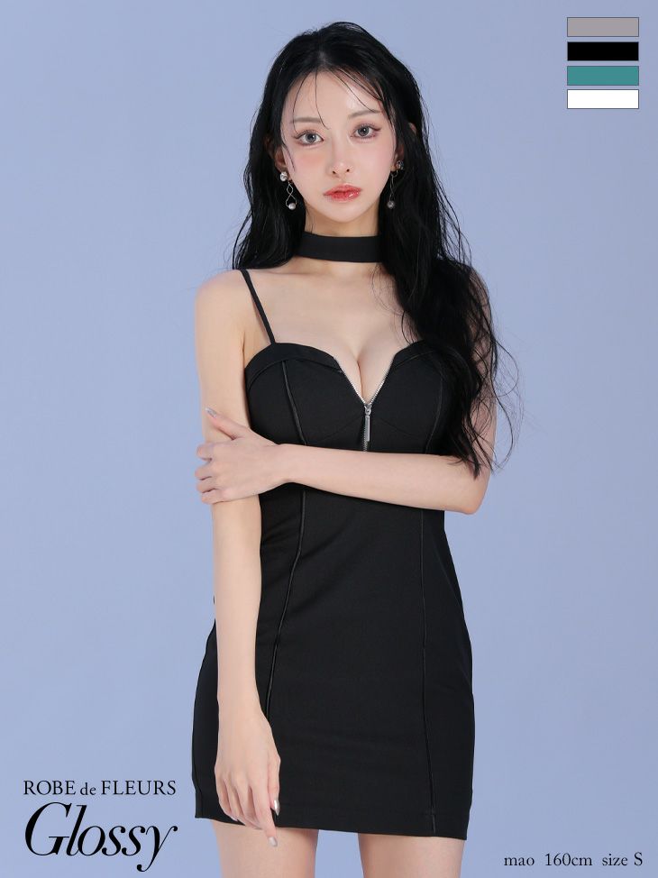 Glossy ローブドフルールグロッシー ボウタイチョーカー付きシンプルバストジップキャミミニキャバドレス gl3932-c