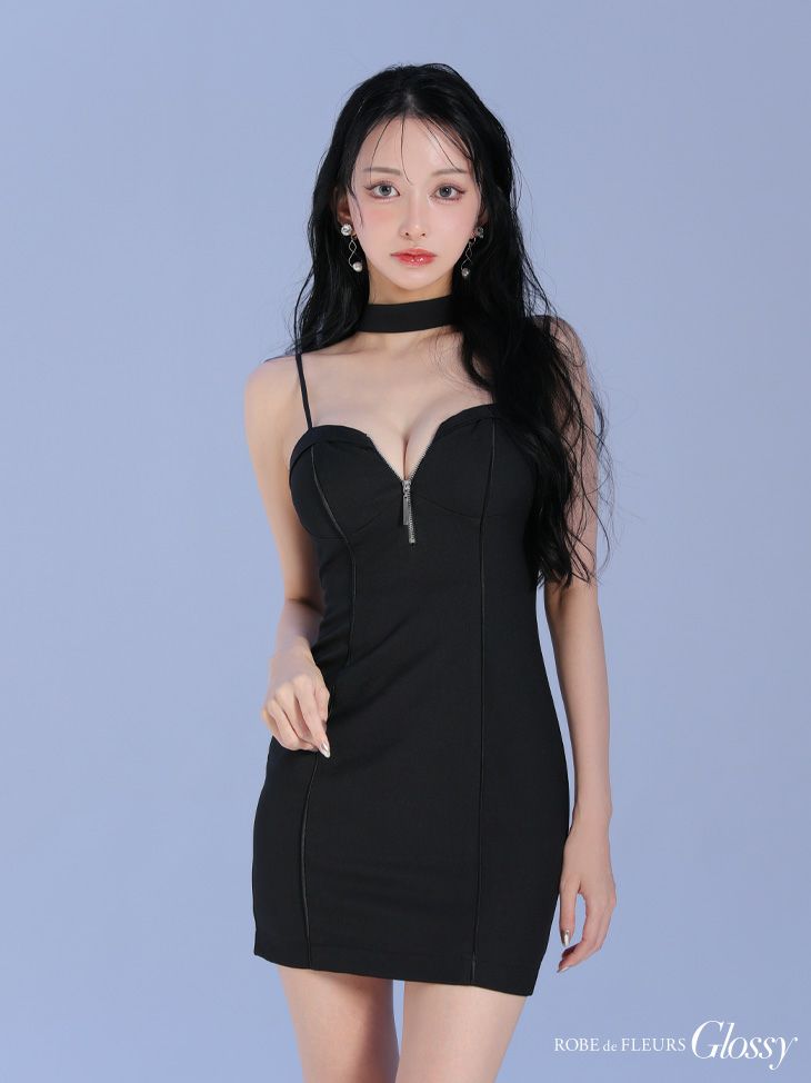 Glossy ローブドフルールグロッシー ボウタイチョーカー付きシンプルバストジップキャミミニキャバドレス gl3932-c