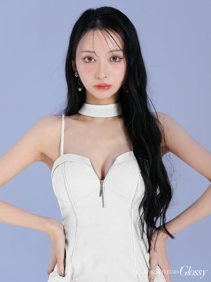 Glossy ローブドフルールグロッシー ボウタイチョーカー付きシンプルバストジップキャミミニキャバドレス gl3932-c