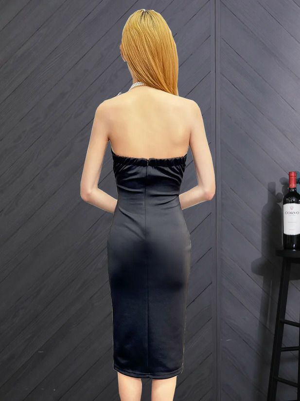 Veautt ヴュート ホルターネックタックリボンパールスカーフタイトミディアムドレス vt082514