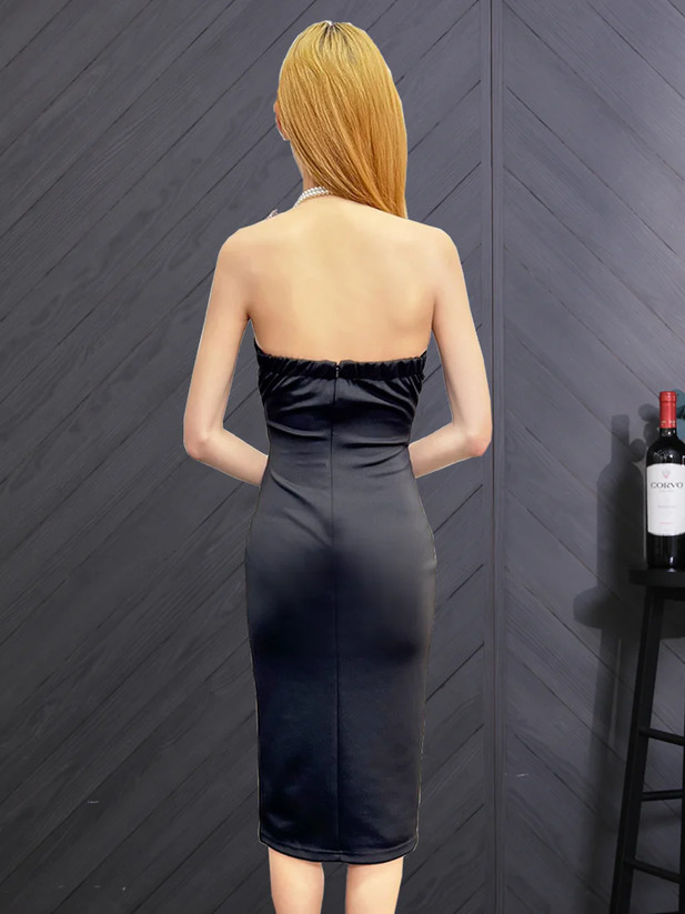 Veautt ヴュート ホルターネックタックリボンパールスカーフタイトミディアムドレス vt082514