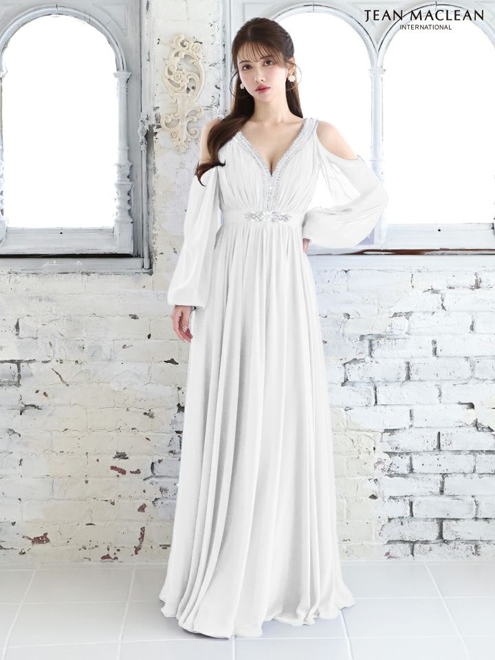 JEAN MACLEAN ジャンマクレーン ロングスリーブ/オープンショルダー/シフォン/プリーツ/ロングドレス ja51764