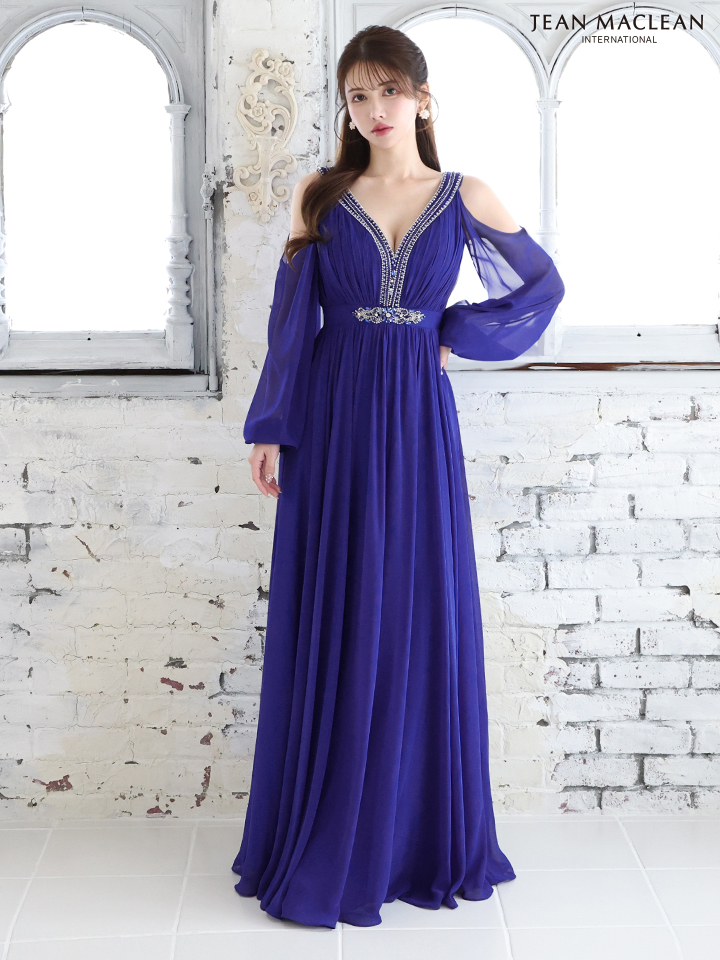 JEAN MACLEAN ジャンマクレーン ロングスリーブ/オープンショルダー/シフォン/プリーツ/ロングドレス ja51764