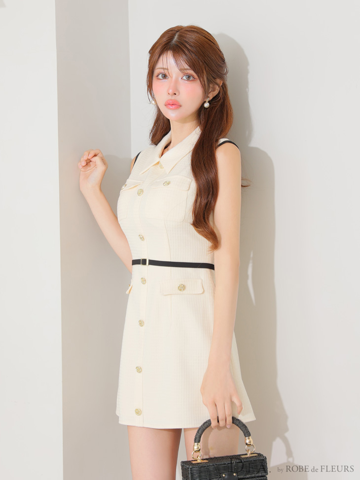 DEA. ディア バイ ローブドフルール パイピングノースリーブベルトミニキャバドレス de4205