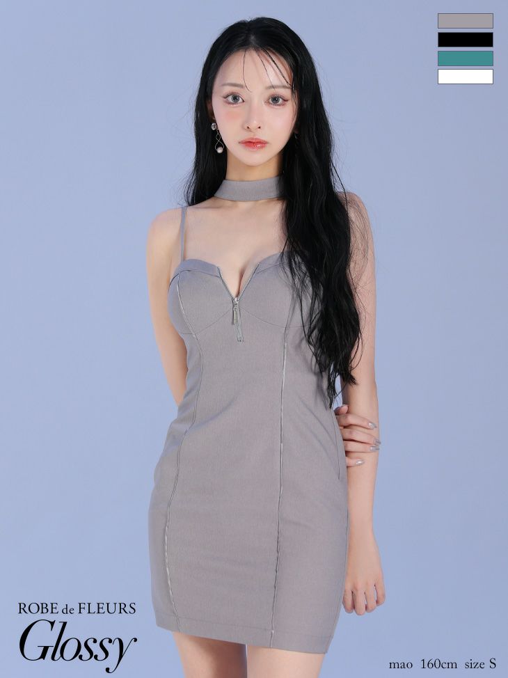 Glossy ローブドフルールグロッシー ボウタイチョーカー付きシンプルバストジップキャミミニキャバドレス gl3932