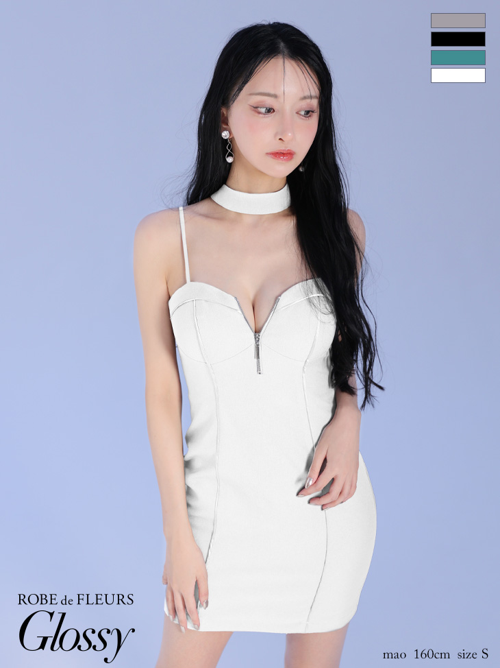 Glossy ローブドフルールグロッシー ボウタイチョーカー付きシンプルバストジップキャミミニキャバドレス gl3932