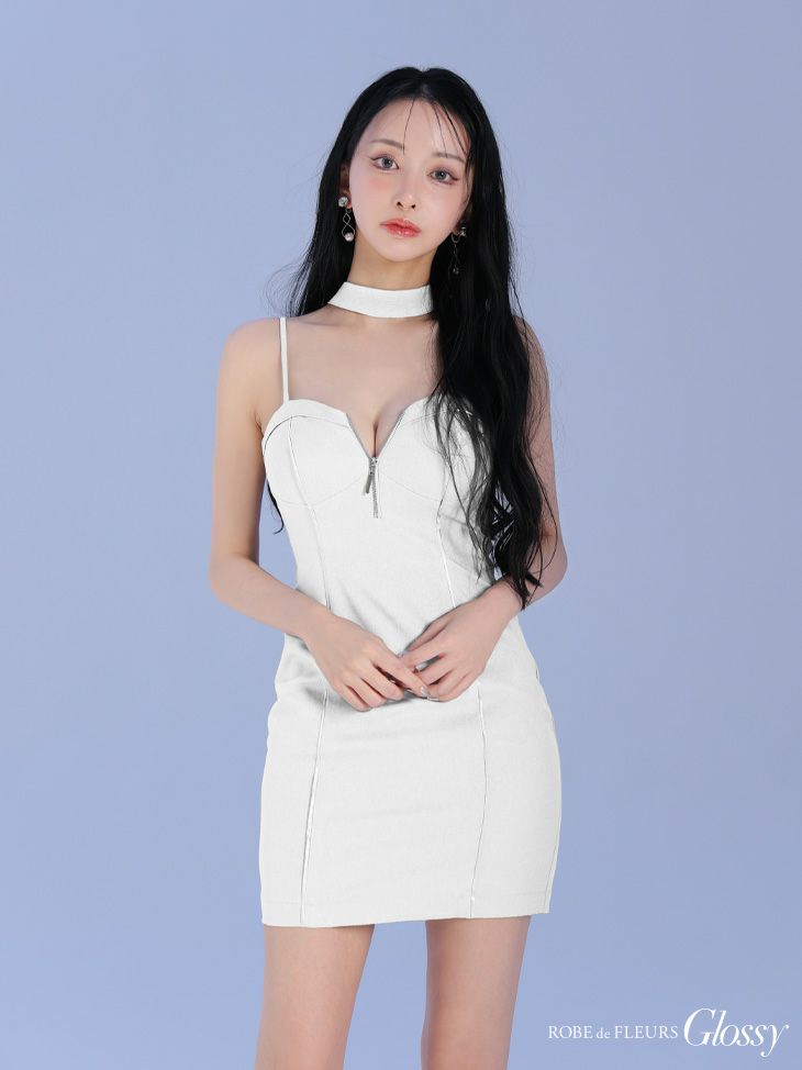 Glossy ローブドフルールグロッシー ボウタイチョーカー付きシンプルバストジップキャミミニキャバドレス gl3932