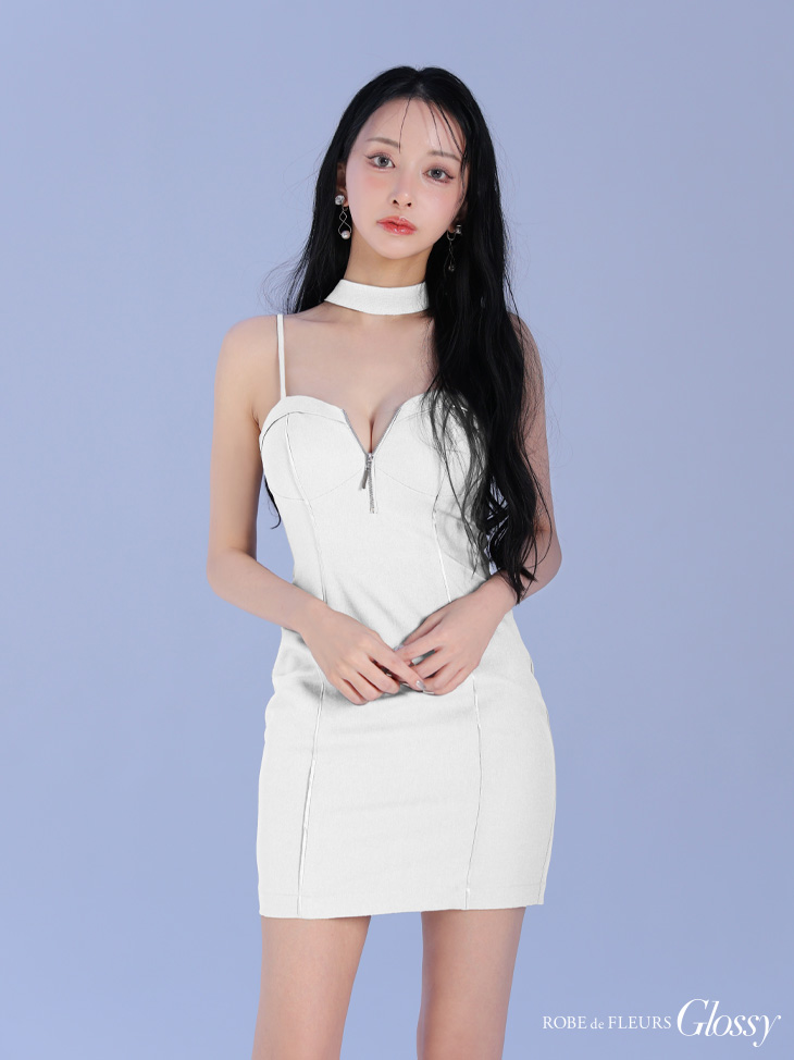Glossy ローブドフルールグロッシー ボウタイチョーカー付きシンプルバストジップキャミミニキャバドレス gl3932