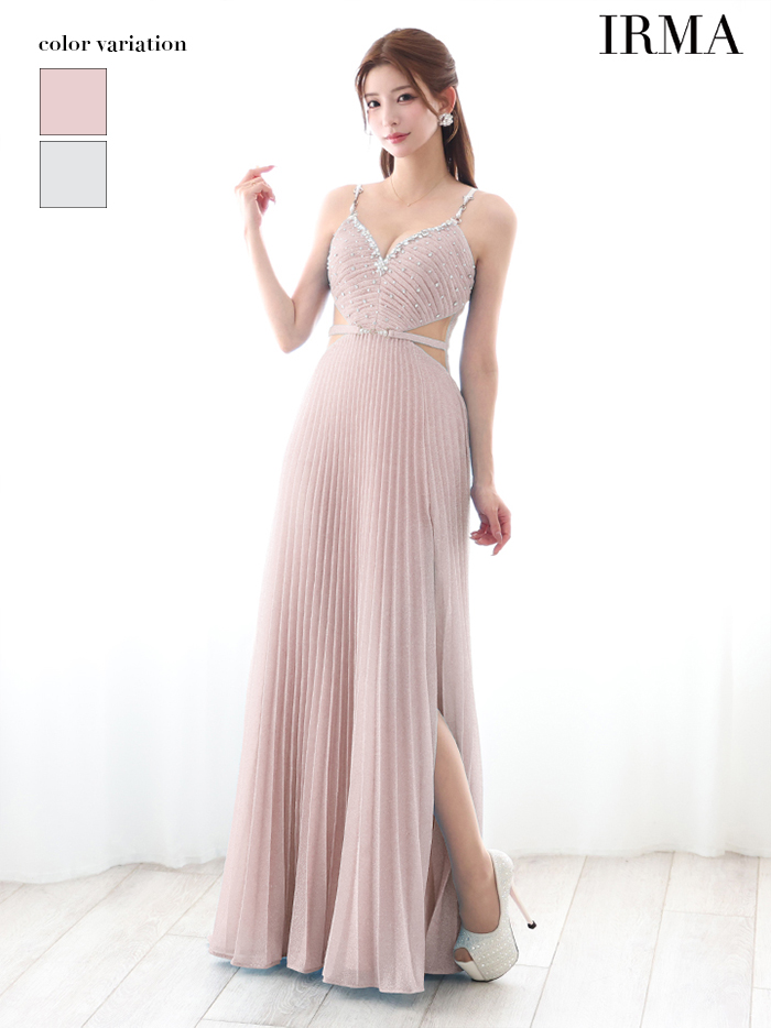 IRMA イルマ ラメニット/パールチェーンショルダー/ウエストカット/ベルトデザイン/ビジュー/プリーツ/ロングドレス ir51879
