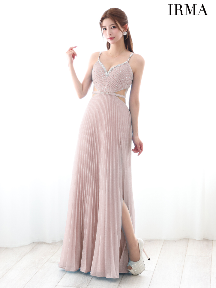 IRMA イルマ ラメニット/パールチェーンショルダー/ウエストカット/ベルトデザイン/ビジュー/プリーツ/ロングドレス ir51879