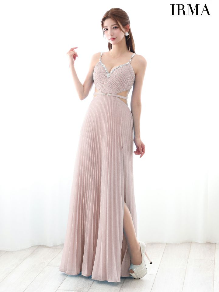 IRMA イルマ ラメニット/パールチェーンショルダー/ウエストカット/ベルトデザイン/ビジュー/プリーツ/ロングドレス ir51879