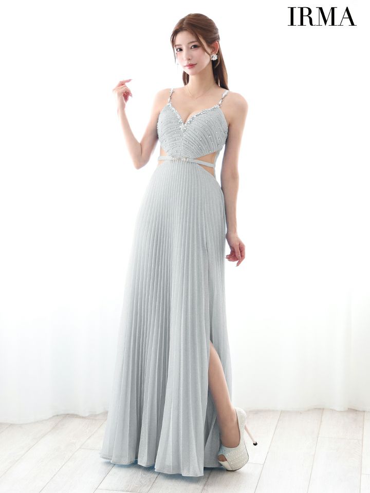 IRMA イルマ ラメニット/パールチェーンショルダー/ウエストカット/ベルトデザイン/ビジュー/プリーツ/ロングドレス ir51879