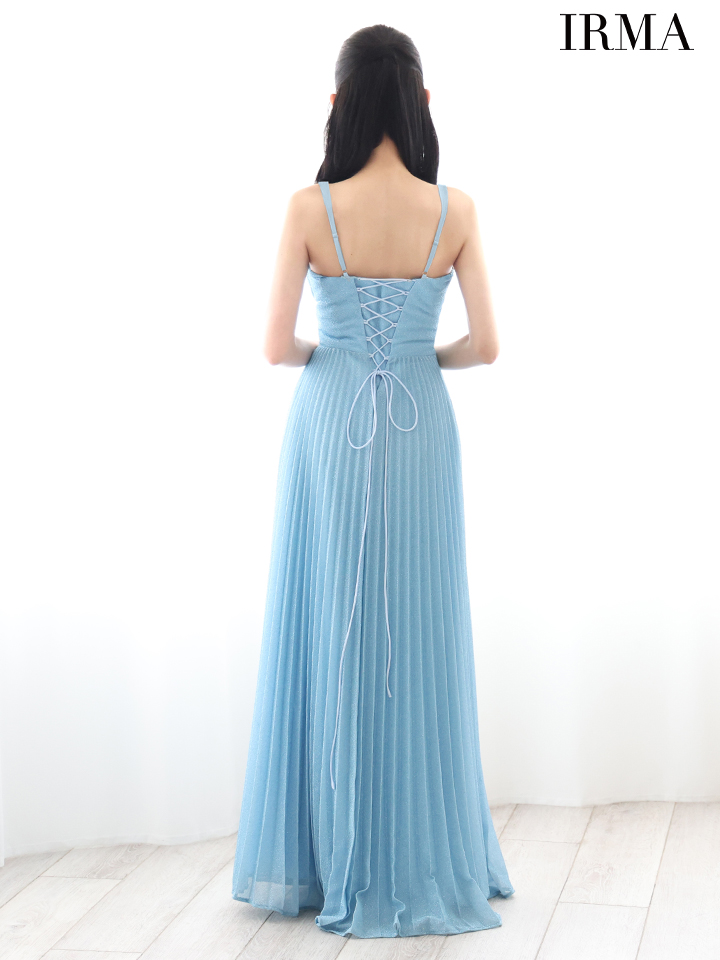 IRMA イルマ ラメニット/パールチェーンショルダー/ウエストカット/ベルトデザイン/ビジュー/プリーツ/ロングドレス ir51879