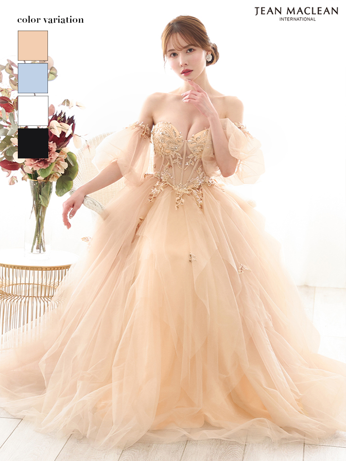 JEAN MACLEAN ジャンマクレーン ワンカラー/コルセット/ビジュー刺繍/チューリップスリーブ/姫/ロングドレス ja51884