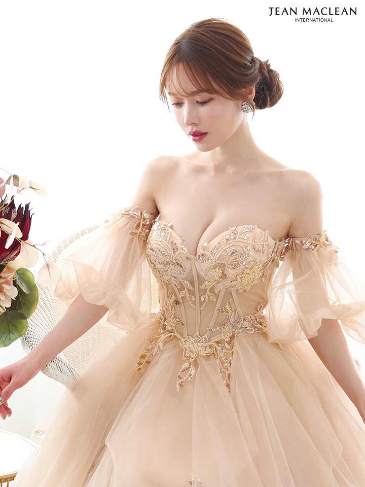 JEAN MACLEAN ジャンマクレーン ワンカラー/コルセット/ビジュー刺繍/チューリップスリーブ/姫/ロングドレス ja51884