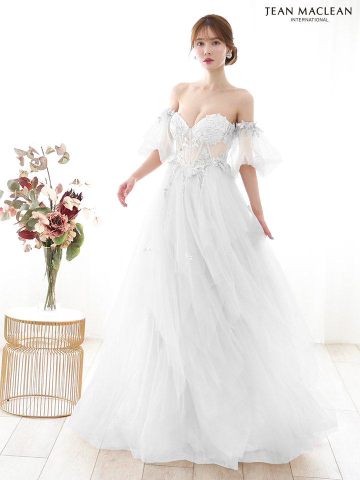 JEAN MACLEAN ジャンマクレーン ワンカラー/コルセット/ビジュー刺繍/チューリップスリーブ/姫/ロングドレス ja51884