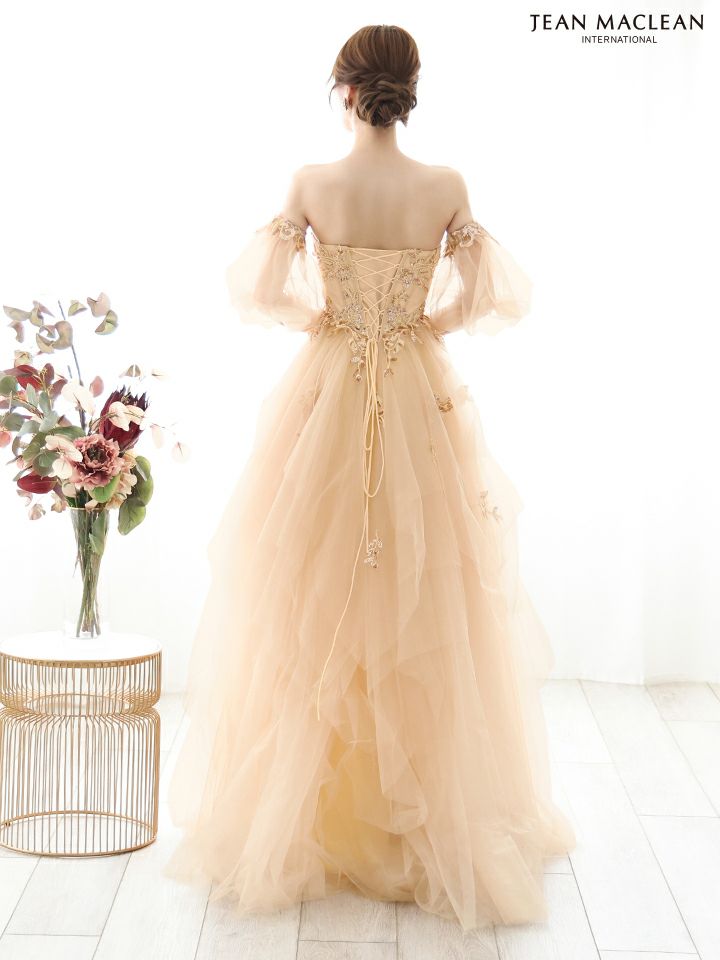 JEAN MACLEAN ジャンマクレーン ワンカラー/コルセット/ビジュー刺繍/チューリップスリーブ/姫/ロングドレス ja51884