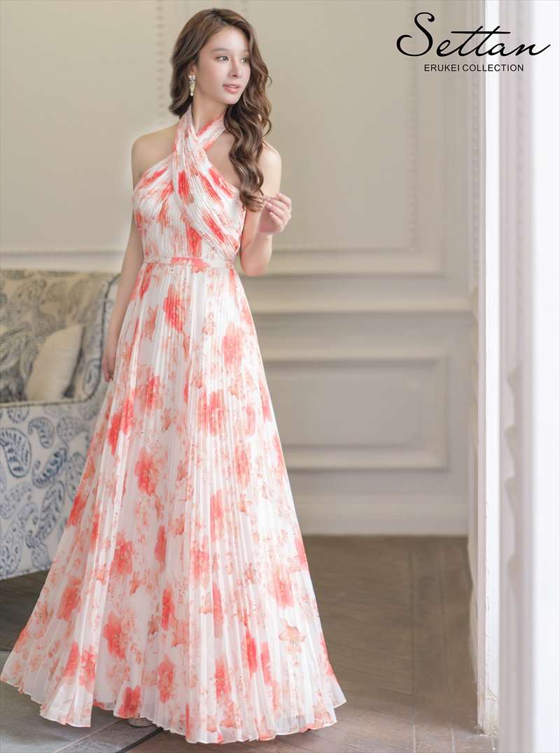 ERUKEI エルケイ ホワイト×オレンジ フラワープリント・プリーツ・ホルターネック・Aライン・ロングドレス ek-s35902