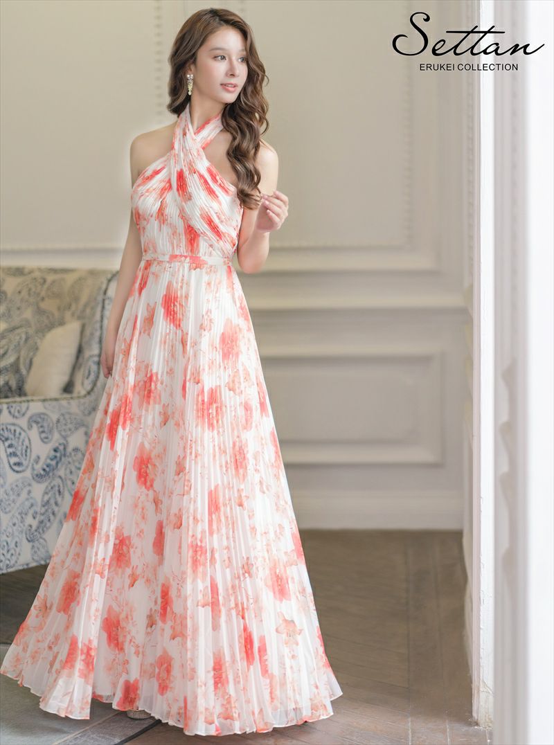 ERUKEI エルケイ ホワイト×オレンジ フラワープリント・プリーツ・ホルターネック・Aライン・ロングドレス ek-s35902