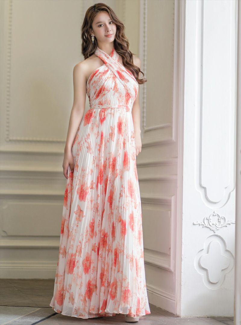 ERUKEI エルケイ ホワイト×オレンジ フラワープリント・プリーツ・ホルターネック・Aライン・ロングドレス ek-s35902