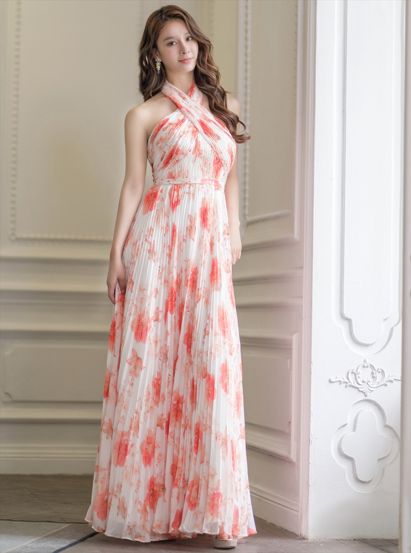 ERUKEI エルケイ ホワイト×オレンジ フラワープリント・プリーツ・ホルターネック・Aライン・ロングドレス ek-s35902