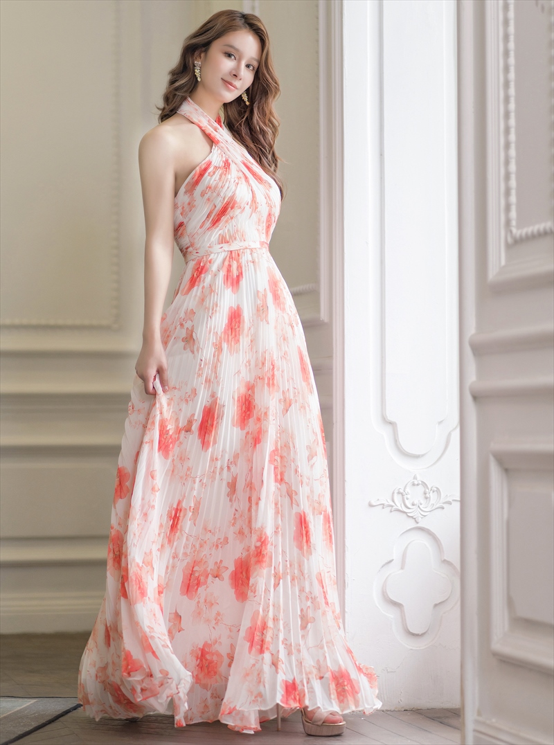 ERUKEI エルケイ ホワイト×オレンジ フラワープリント・プリーツ・ホルターネック・Aライン・ロングドレス ek-s35902