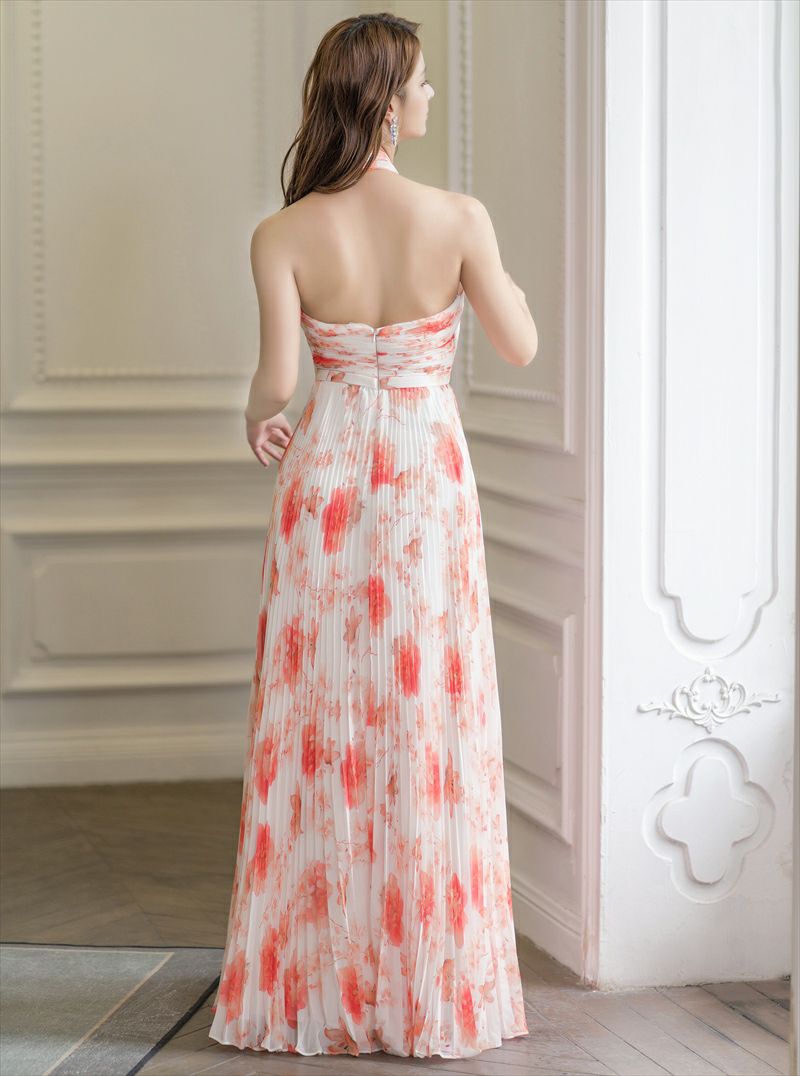 ERUKEI エルケイ ホワイト×オレンジ フラワープリント・プリーツ・ホルターネック・Aライン・ロングドレス ek-s35902