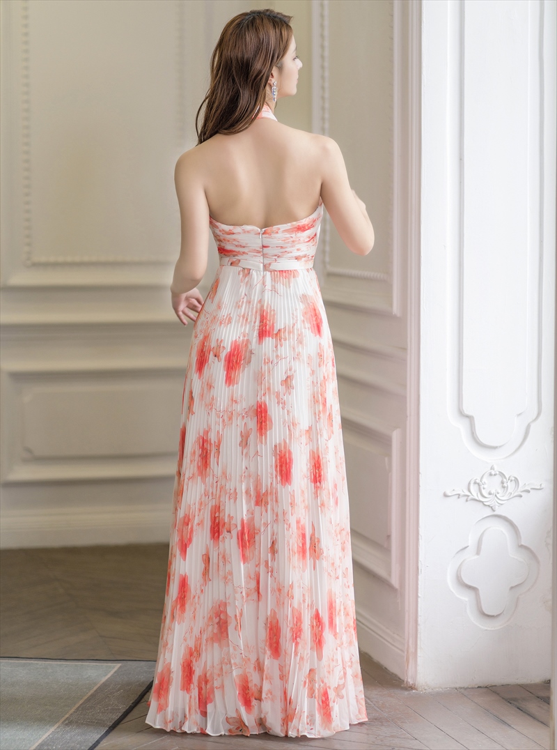 ERUKEI エルケイ ホワイト×オレンジ フラワープリント・プリーツ・ホルターネック・Aライン・ロングドレス ek-s35902