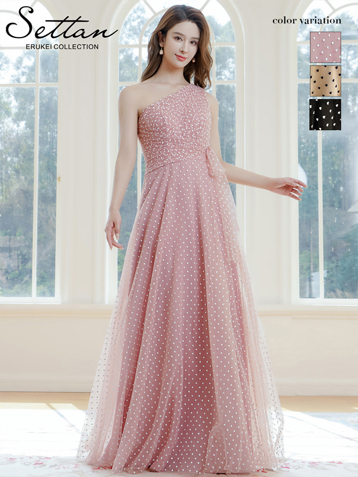 ERUKEI エルケイ ワンショルダー・ハートドット・チュールレース・ハイウエスト・Aライン・ロングドレス ek-s37115