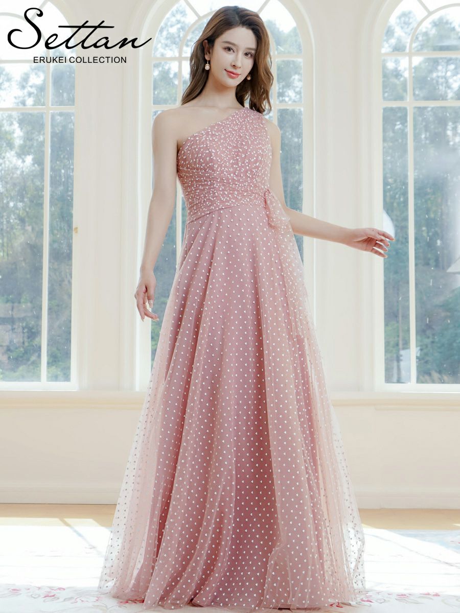 ERUKEI エルケイ ワンショルダー・ハートドット・チュールレース・ハイウエスト・Aライン・ロングドレス ek-s37115