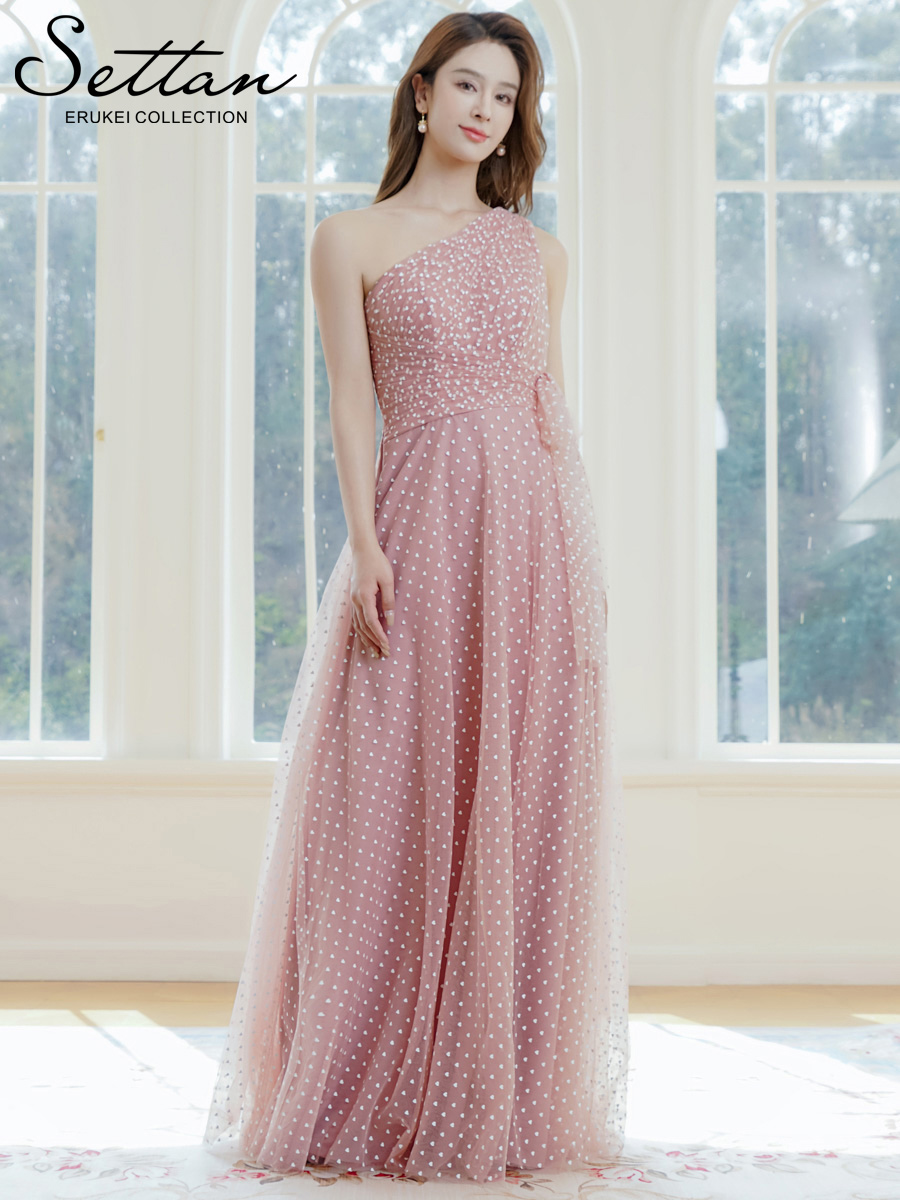 ERUKEI エルケイ ワンショルダー・ハートドット・チュールレース・ハイウエスト・Aライン・ロングドレス ek-s37115