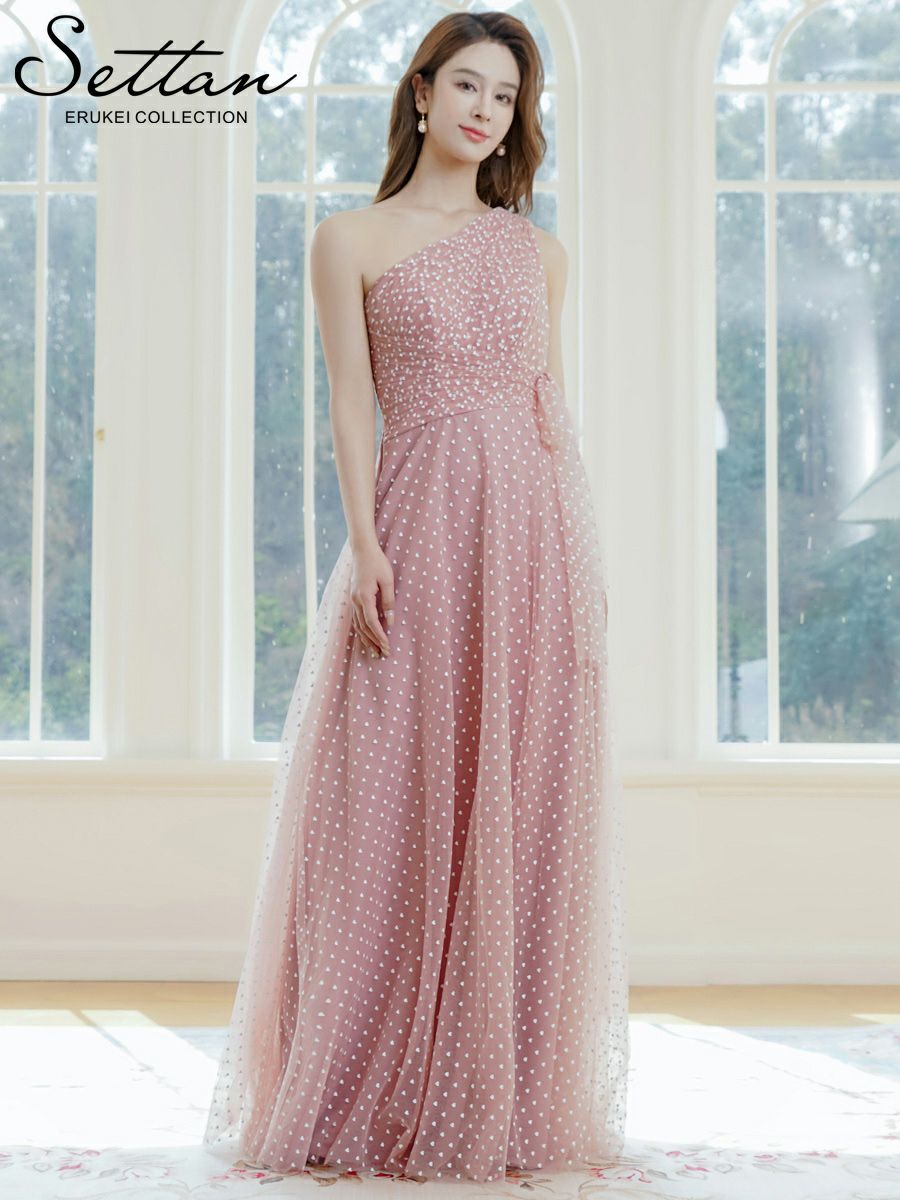 ERUKEI エルケイ ワンショルダー・ハートドット・チュールレース・ハイウエスト・Aライン・ロングドレス ek-s37115