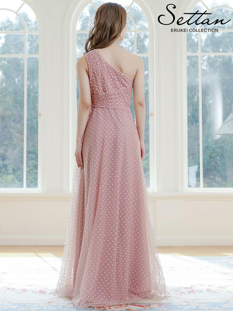 ERUKEI エルケイ ワンショルダー・ハートドット・チュールレース・ハイウエスト・Aライン・ロングドレス ek-s37115