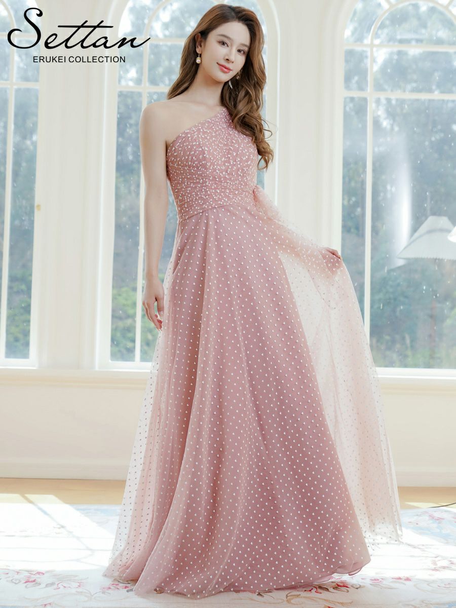 ERUKEI エルケイ ワンショルダー・ハートドット・チュールレース・ハイウエスト・Aライン・ロングドレス ek-s37115