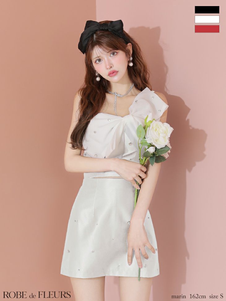 ROBE de FLEURS ローブドフルール ビッグオーガンジーリボンワンショルタイトセットアップミニキャバドレス fm4202-c