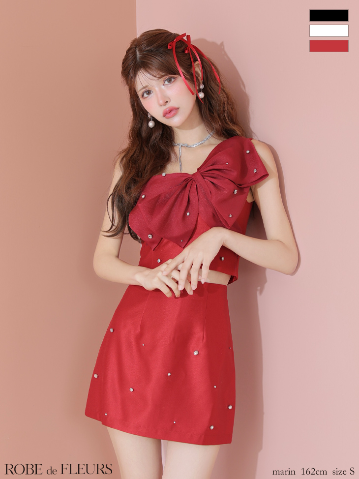 ROBE de FLEURS ローブドフルール ビッグオーガンジーリボンワンショルタイトセットアップミニキャバドレス fm4202-c