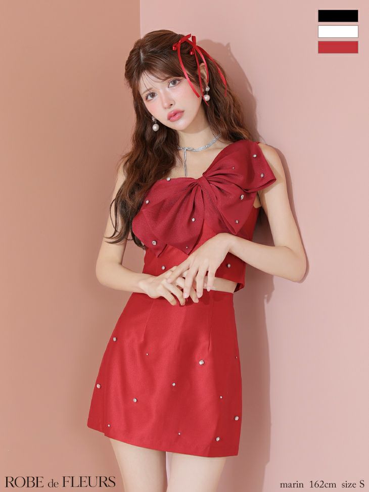ROBE de FLEURS ローブドフルール ビッグオーガンジーリボンワンショルタイトセットアップミニキャバドレス fm4202-c