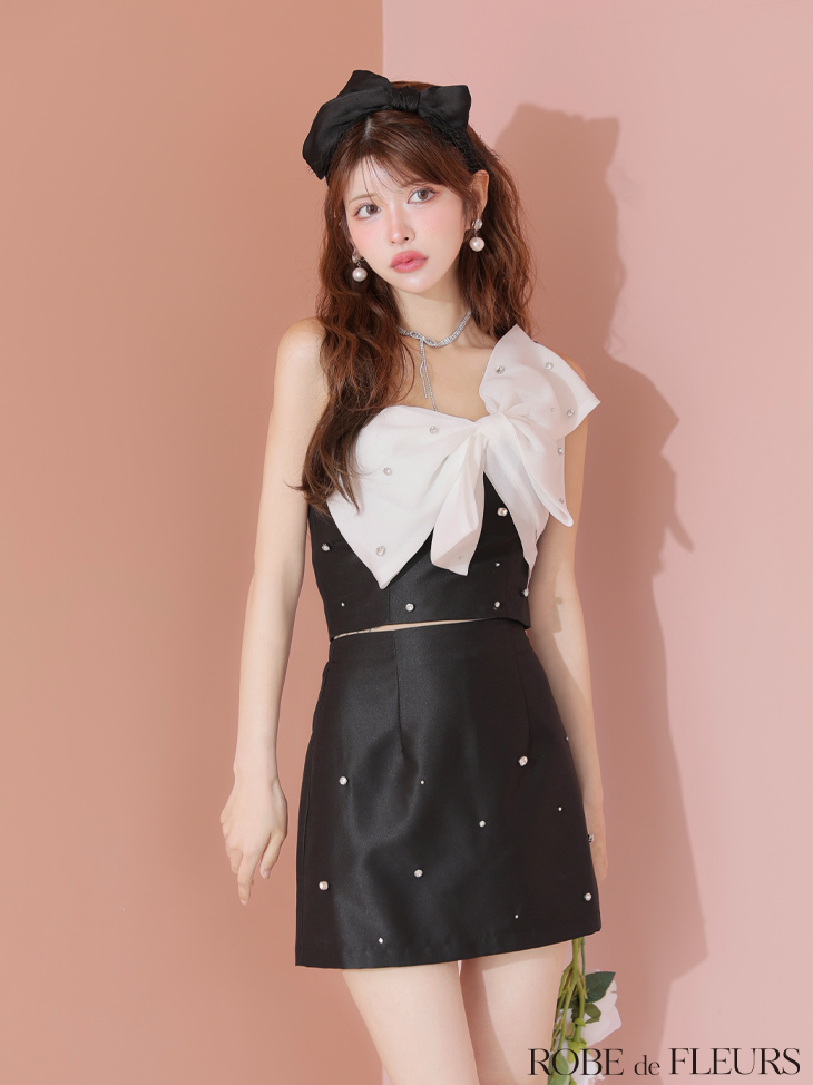 ROBE de FLEURS ローブドフルール ビッグオーガンジーリボンワンショルタイトセットアップミニキャバドレス fm4202-c