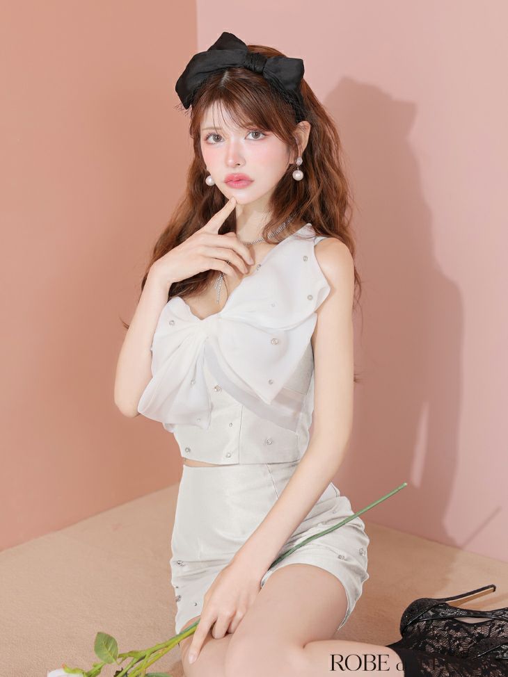 ROBE de FLEURS ローブドフルール ビッグオーガンジーリボンワンショルタイトセットアップミニキャバドレス fm4202-c